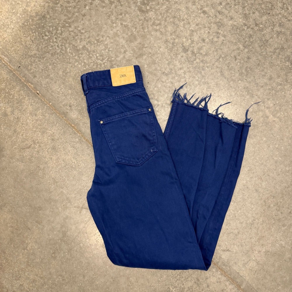 Zara‎ Womens High Waisted Wide Leg Raw Hem Jeans Cobalt Blue Size 0 US 24 Waist